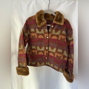 Women’s Vintage Geometric Whimsical Fur Trimmed Jacket